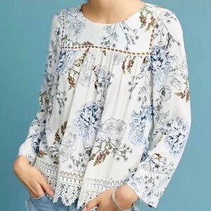 ANTHROPOLOGIE Maeve Southern Bell Floral Crochet Lace Long Sleeve Prairie Top